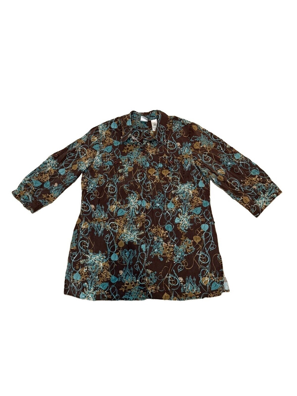 Emma James Women's Size 16 Button Up Brown Turquoise Abstract Cotton 3/4 Sleeve